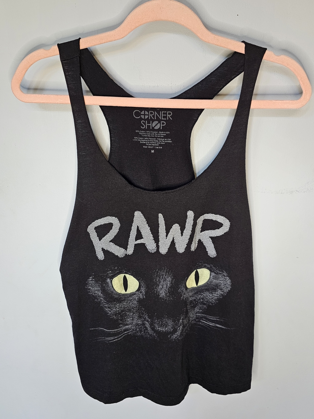 Corner Shop RAWR Black Cat Eyes Graphic Racerback Tank Top Size M